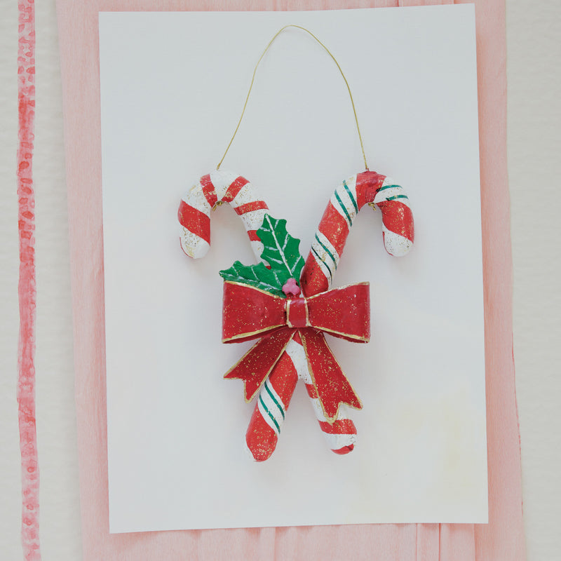 Handmade Metal & Paper Candy Cane Wall Decor with Bow & Holly Leaves