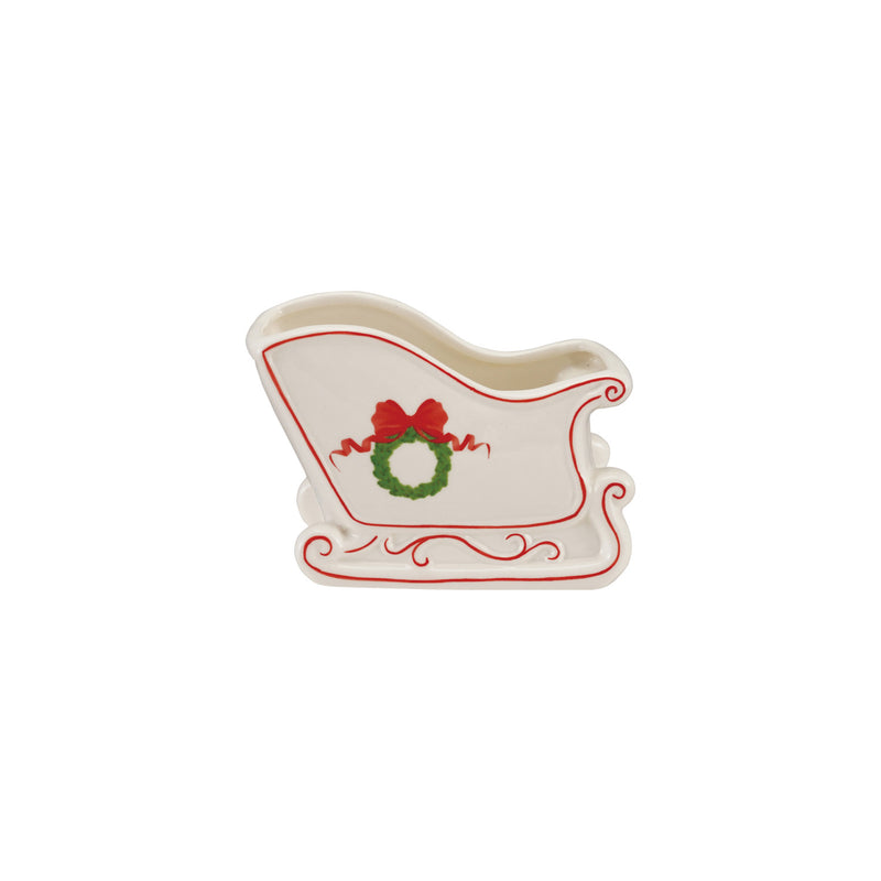 Stoneware Sled Shaped Container with Wreath & Bow