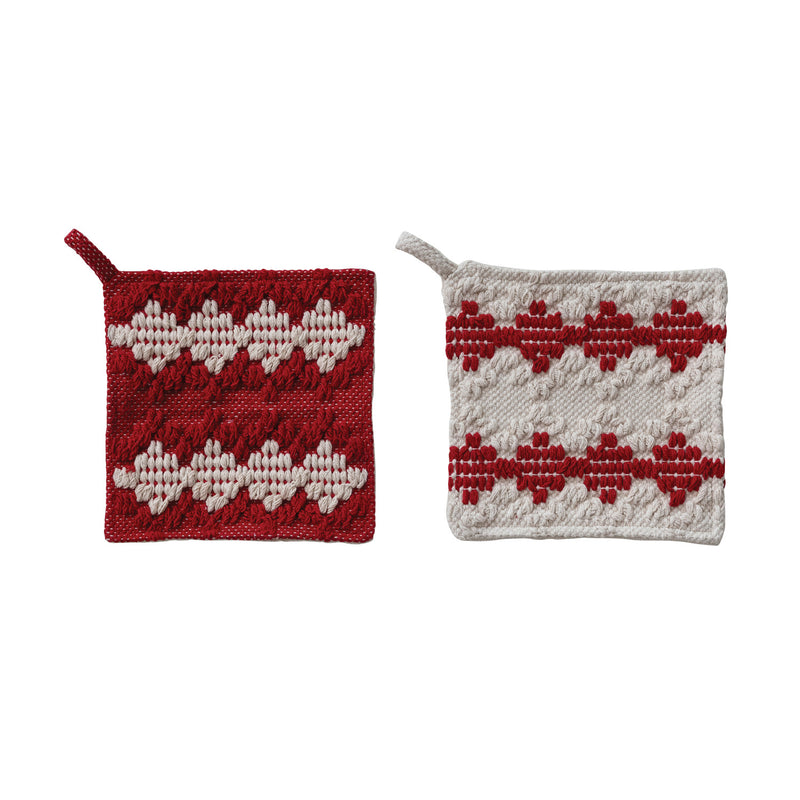 Woven Cotton Tufted Pot Holder with Diamond Pattern & Terry Cloth Back