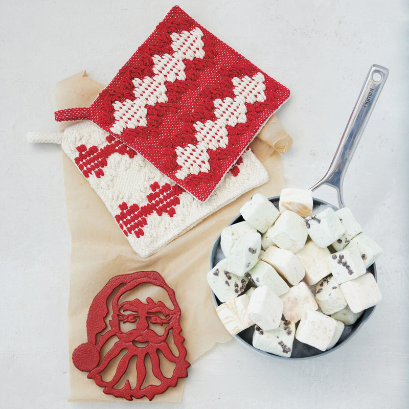 Woven Cotton Tufted Pot Holder with Diamond Pattern & Terry Cloth Back