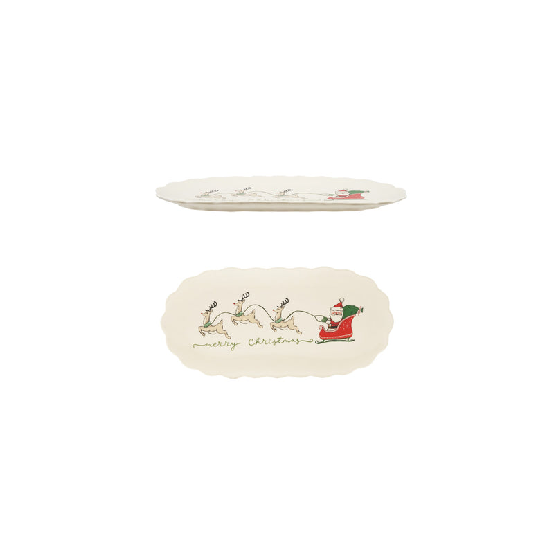 "Merry Christmas" Stoneware Scalloped Platter with Santa's Sleigh & Reindeer