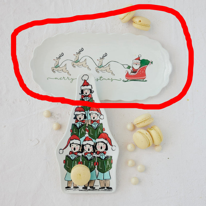 "Merry Christmas" Stoneware Scalloped Platter with Santa's Sleigh & Reindeer