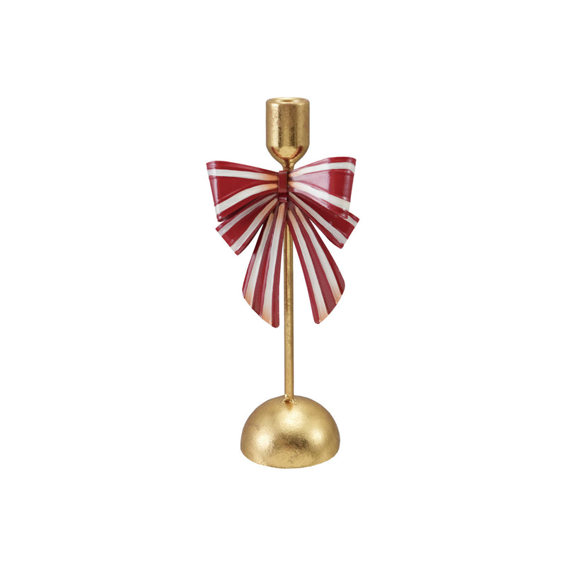 Metal Taper Holder with Striped Bow, Gold Finish, Red & White
