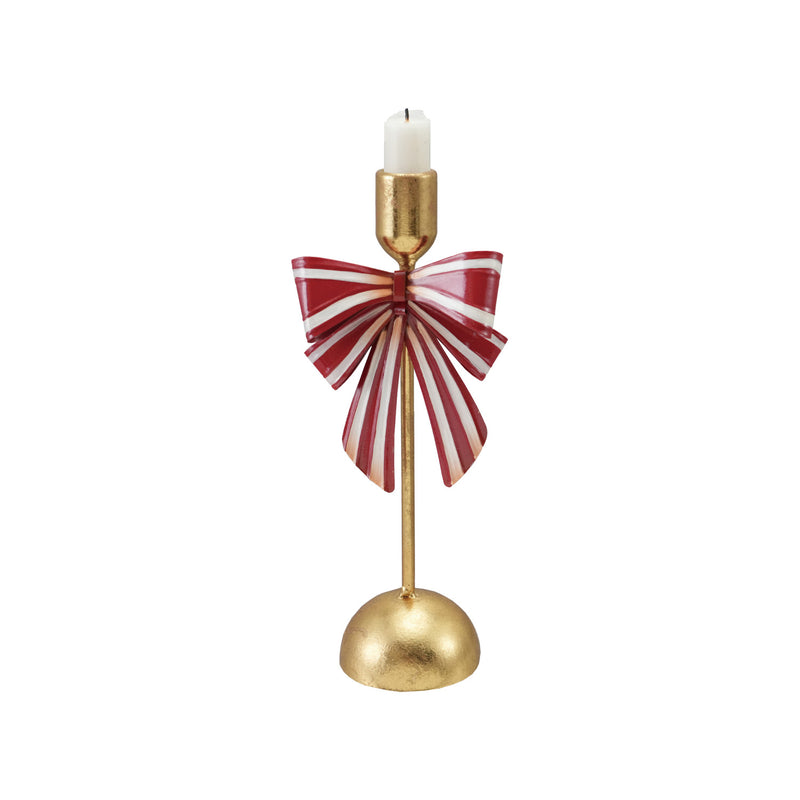 Metal Taper Holder with Striped Bow, Gold Finish, Red & White