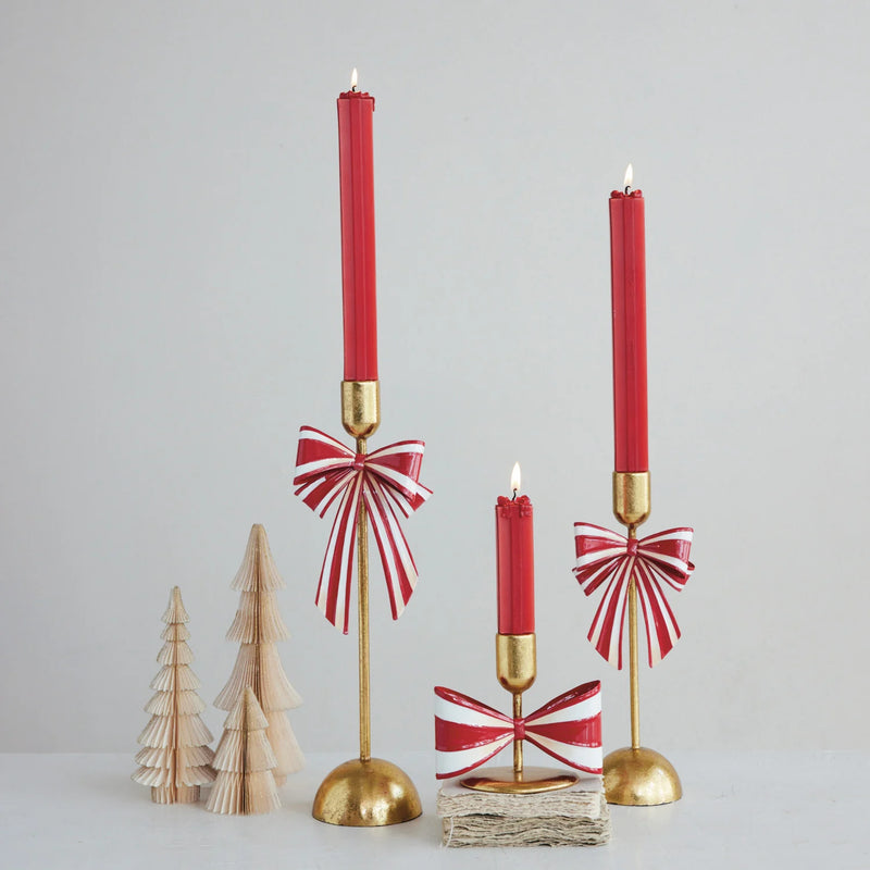 Metal Taper Holder with Striped Bow, Gold Finish, Red & White