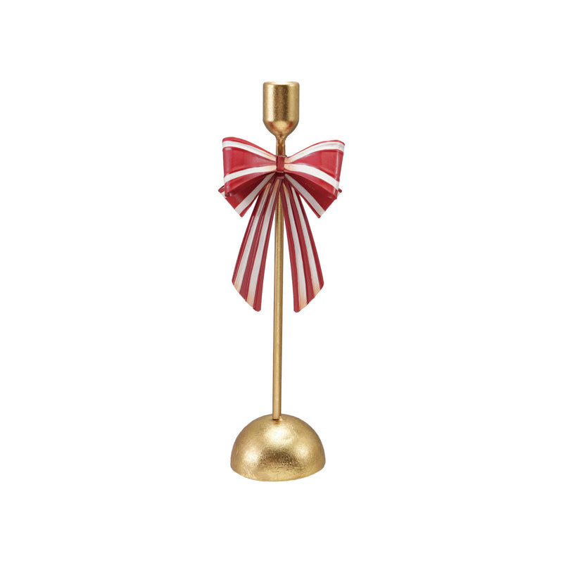 Metal Taper Holder with Striped Bow, Gold Finish, Red & White