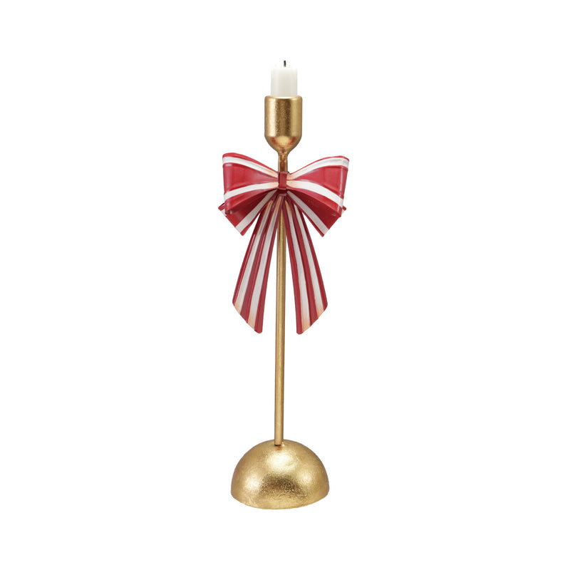 Metal Taper Holder with Striped Bow, Gold Finish, Red & White