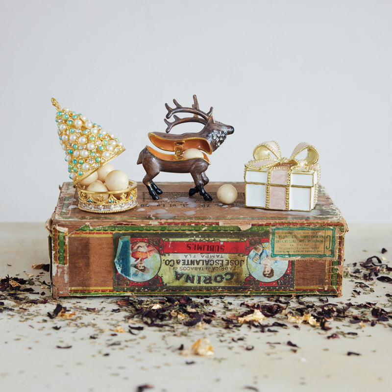 Enameled Metal Gift Shaped Trinket Box with Jewels