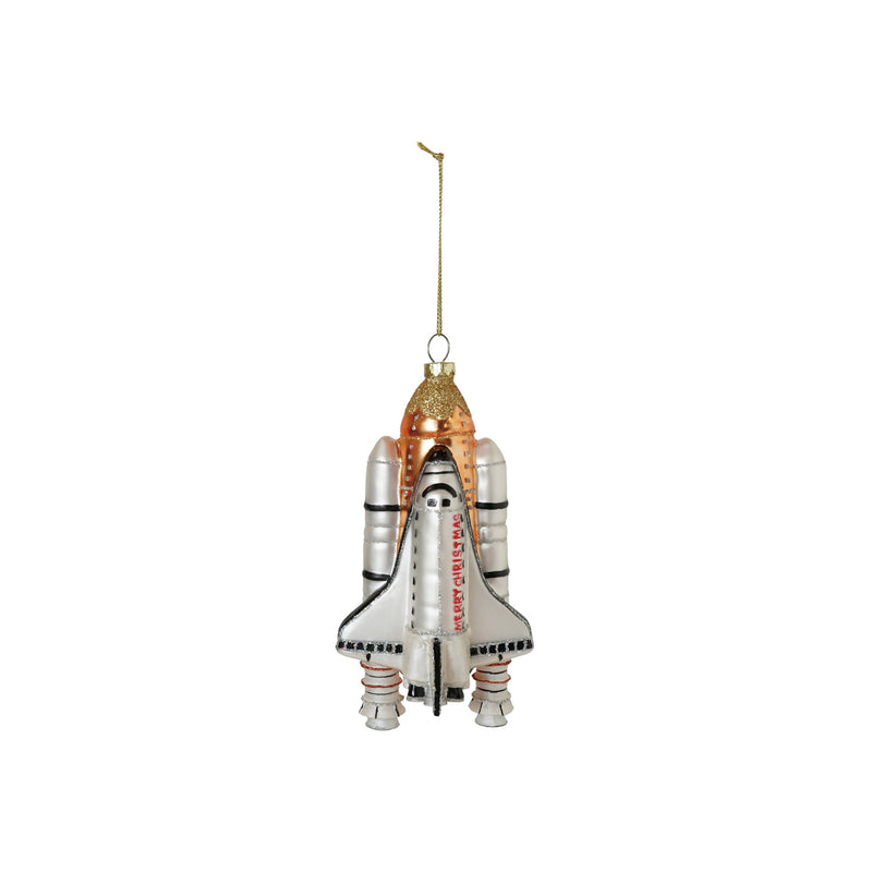 "Merry Christmas" Hand-Painted Glass Spaceship with Rocket Ornament with Glitter