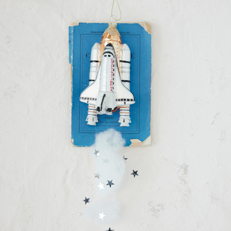 "Merry Christmas" Hand-Painted Glass Spaceship with Rocket Ornament with Glitter